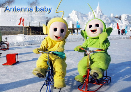 Cartoon characters in Harbin Fair in Cite Soleil snow and ice at the scene riding a bike show