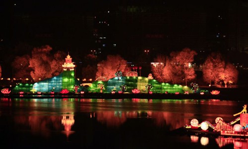 Colorful lanterns on bank of Songhua River