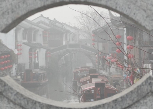 Fog-shrouded Shantang Street in Suzhou, China's Jiangsu